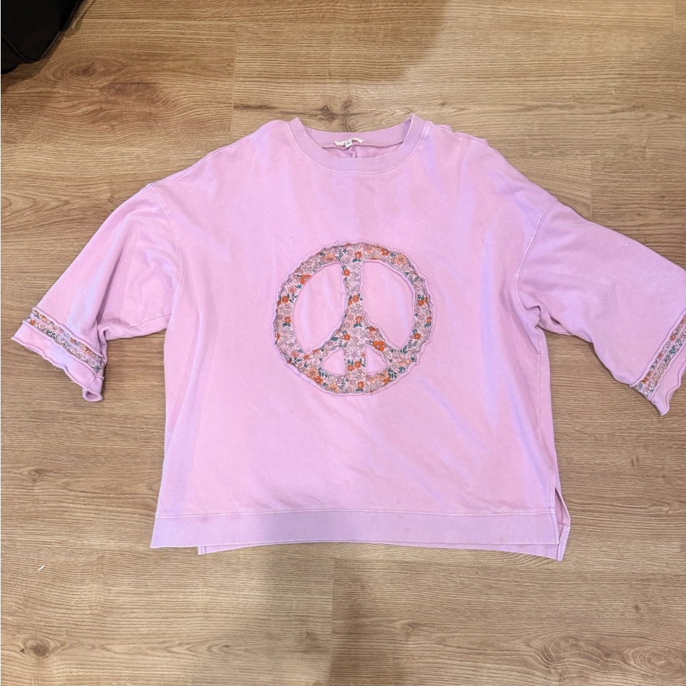 Pink Peace Sign Embroidered Pullover